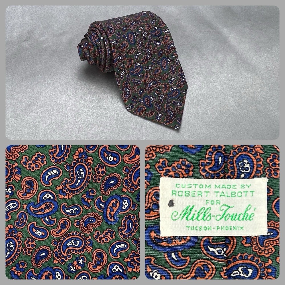 Robert Talbott Mills-Touche Silk Tie Green Paisley Hand Sewn Tucson Phoenix VTG